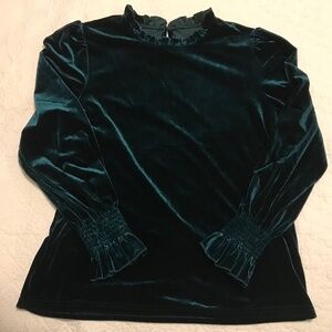 Green velvet long sleeved top embellished with ruffles at wrists & collar (L)